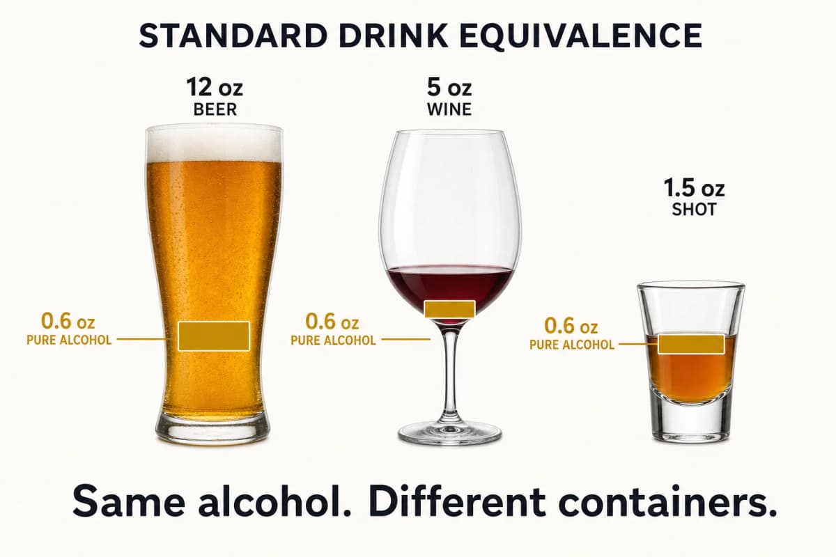 Standard drink equivalence chart for beer, wine, and spirits